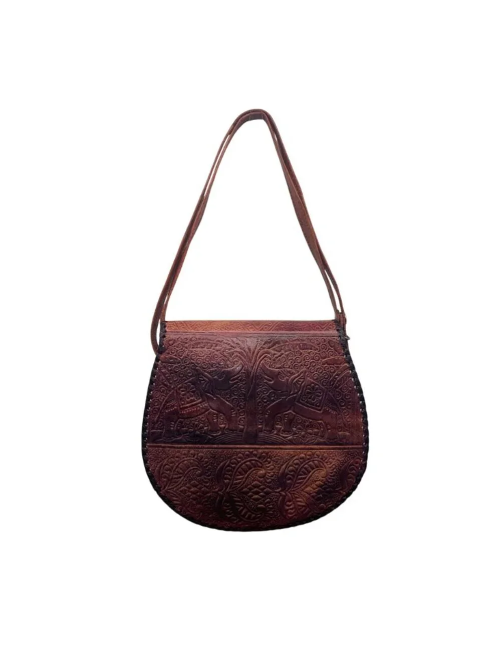 Women’s Brown Elephant & Tree Embossed Leather Shoulder Saddle Bag